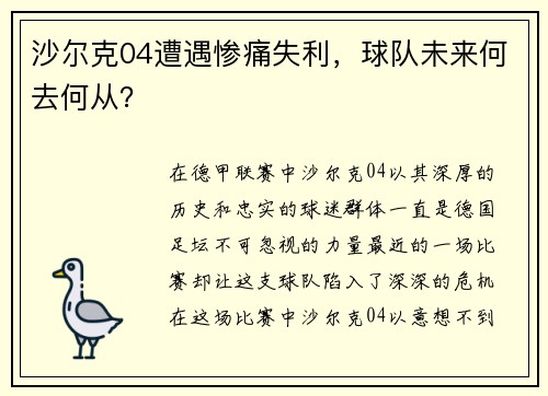 沙尔克04遭遇惨痛失利，球队未来何去何从？